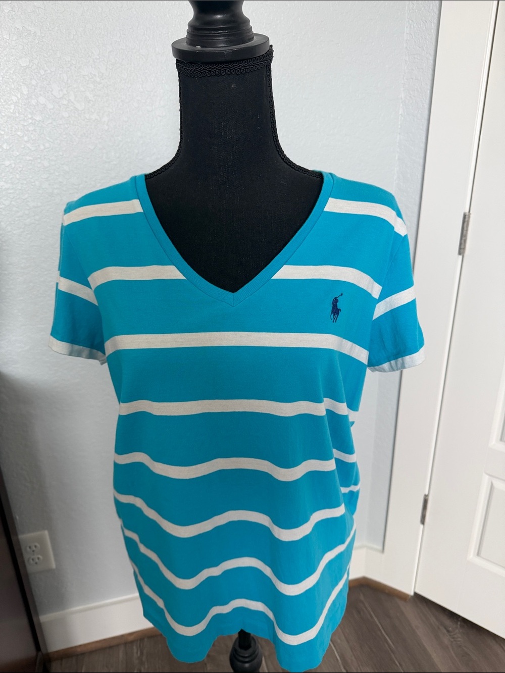 POLO Ralph Lauren woman’s Lg  blue/white striped  V- neck T-shirt